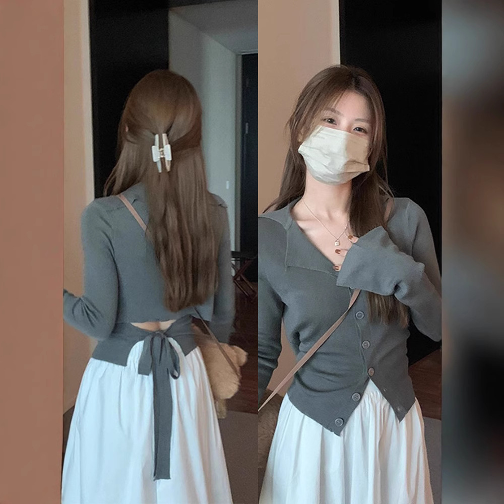 个性后背镂空绑带针织开衫女秋修身短款洋气减龄翻领长袖上衣潮流