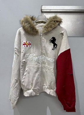 SUSUSELECT PIA战马男女破洞水洗做旧破坏拼接毛领连帽卫衣外套