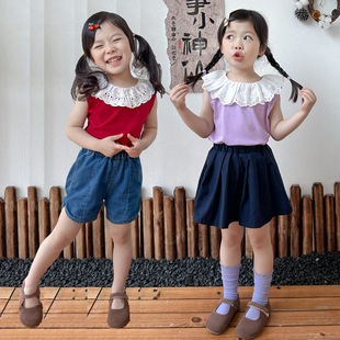 上衣可爱森系 纯棉2025新款 韩版 女童夏装 蕾丝甜美背心亲肤透气无袖