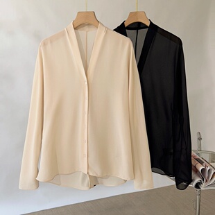 百搭空调小开衫 恩迪纯色V领简约防晒衬衫 长袖 气质薄款 上衣 女夏季
