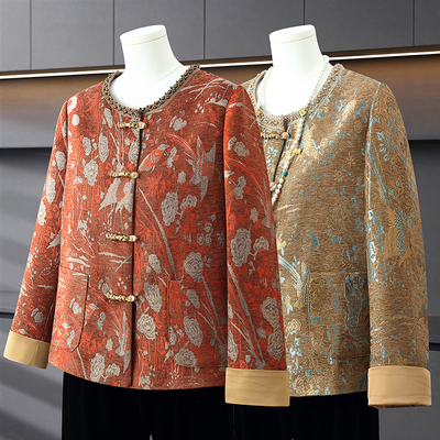 中年妈妈春装圆领外套2026新款中老年女士春秋季国风开衫夹克上衣