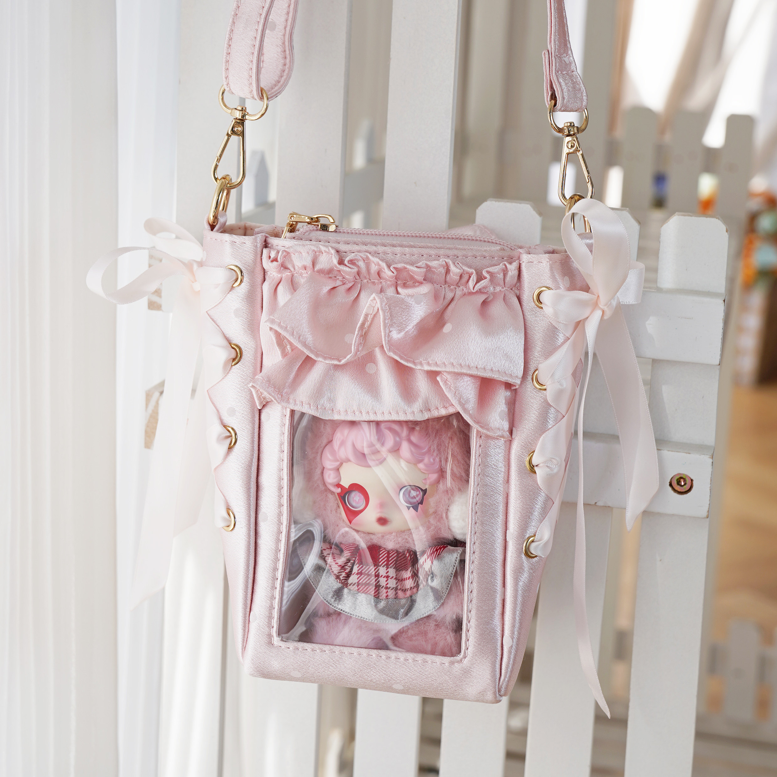 thumbnail for Morning glory original cute crossbody small food portion satin small sea wave satin doll bag pain bag intention gold