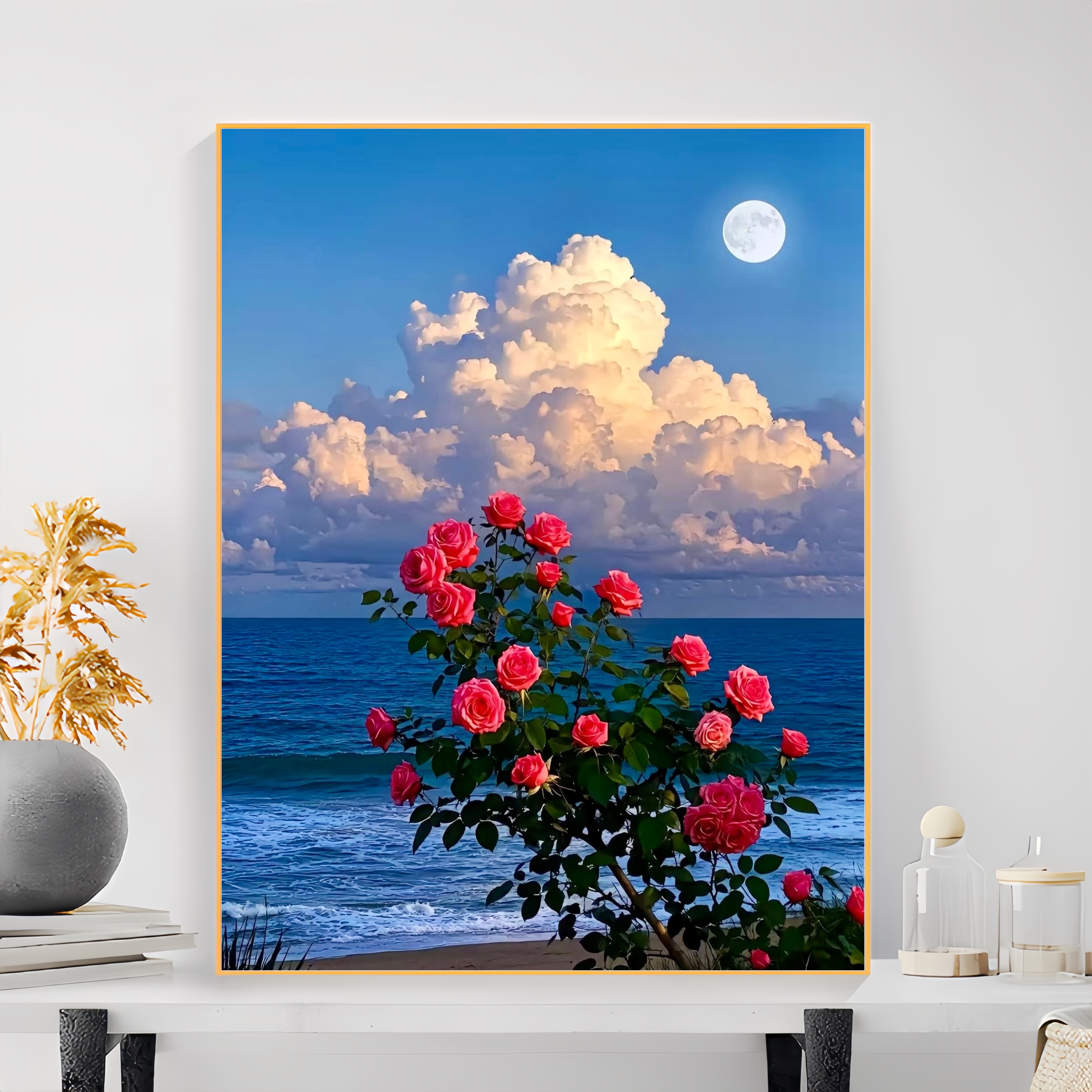 海边玫瑰数字油画diy填充填色画画成人涂色风景高级感丙烯装饰画图片