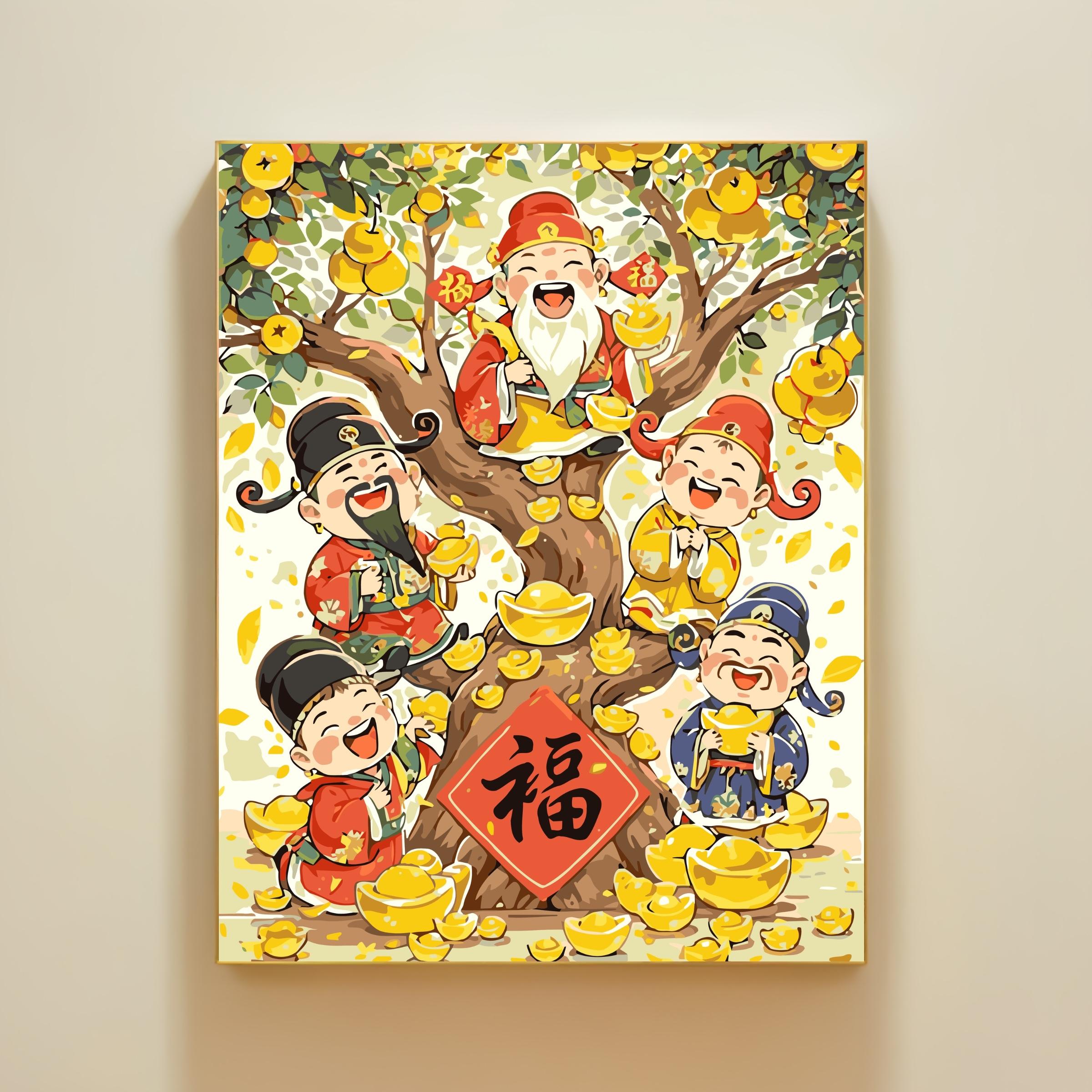 财神爷数字油画diy手工涂色画柿柿如意中国风丙烯油彩客厅装饰画图片