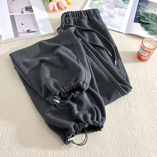 灰色阔腿宽松束脚休闲裤 美式 垂感直筒卫裤 女春秋薄款 子 抽绳运动裤