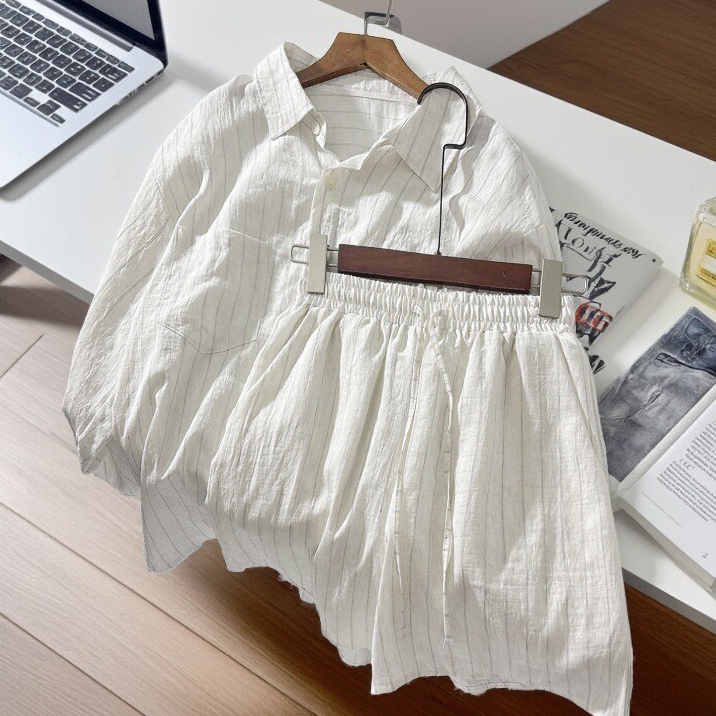 亚麻白色长袖防晒衬衫短裤两件套