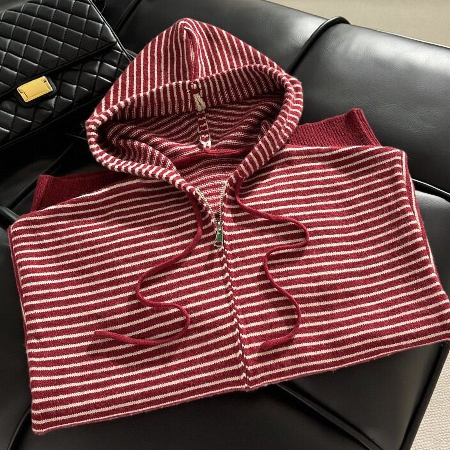 双拉链连帽条纹针织毛衣女2026春秋新款松弛感慵懒风宽松上衣外套,女装/女士精品,毛针织衫,淘宝优惠券,粉丝福利购,淘宝优惠卷