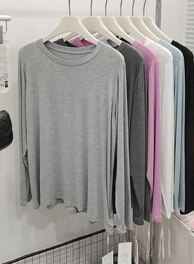 灰色面膜长袖t恤女宽松大码圆领薄款慵懒风莫代尔打底衫上衣外穿
