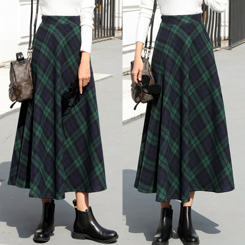 秋冬红色格子半身裙长款大码毛呢