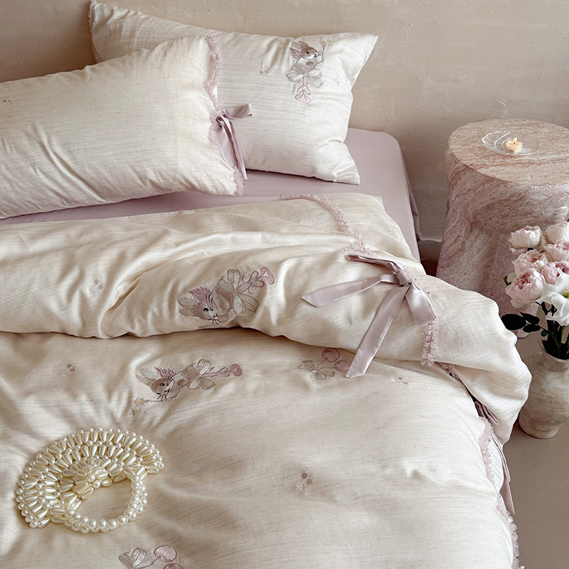 法式奶油120支天丝棉麻亲肤四件套丝滑透气床单被套春夏床品套件