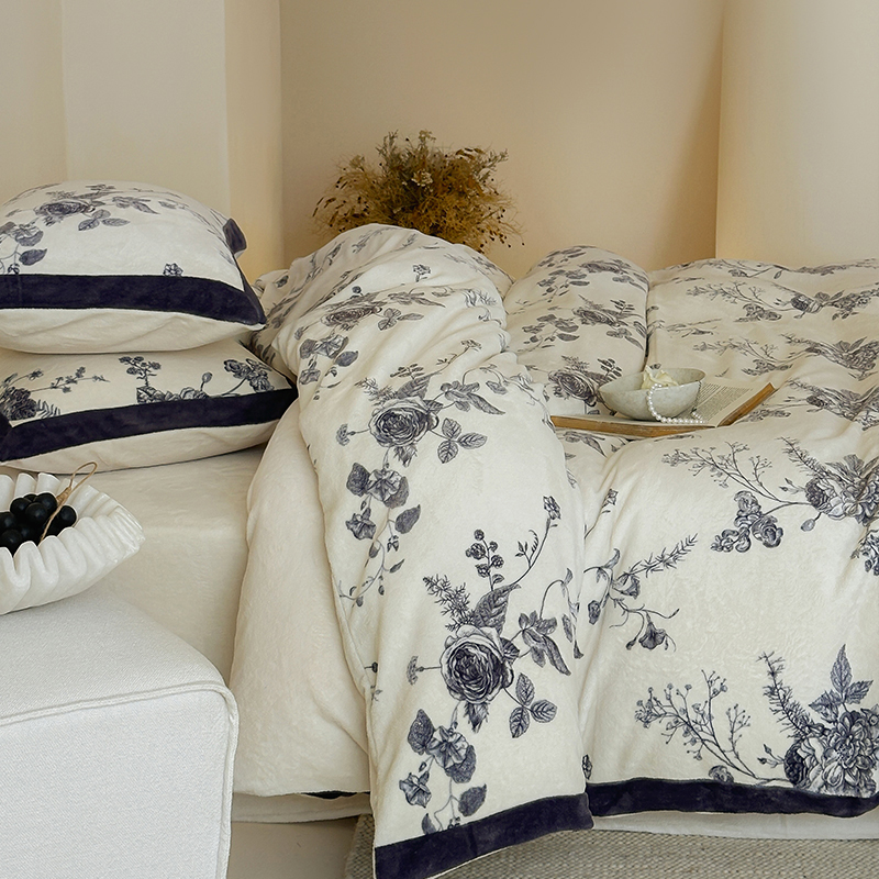 法式田园风秋冬牛奶绒印花四件套加厚简约立暖绒床单床上用品1.8