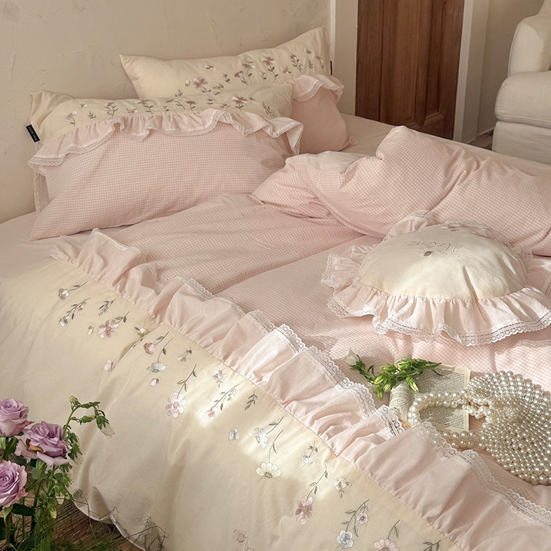 法式公主风纯棉水洗棉四件套全棉刺绣花朵床品套件少女心荷叶边