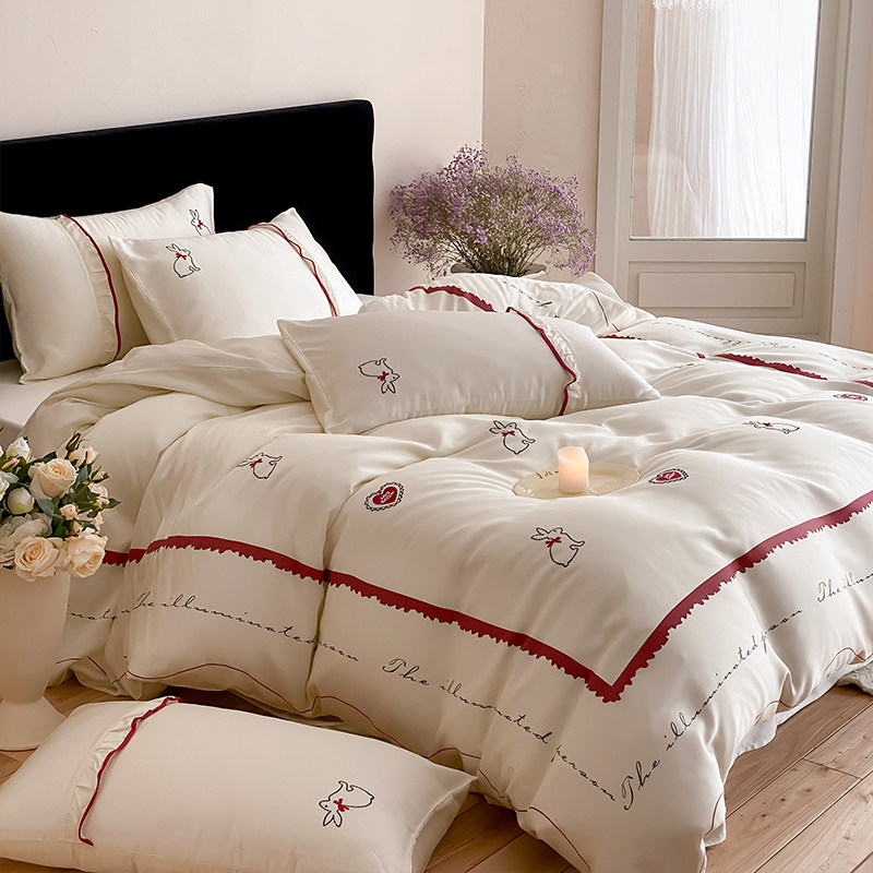 法式可爱卡通兔子80支天丝莱赛尔四件套春夏丝滑柔软床品套件米白