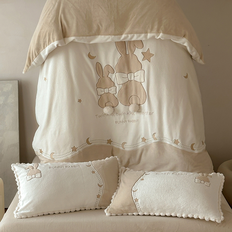 小清新公主风秋冬保暖高克重牛奶绒刺绣四件套加厚立暖绒床单床品