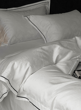 法国140支匹马棉提花贡缎四件套全棉白色亲肤丝滑别墅床单床品