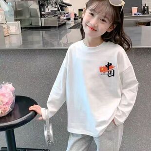新款中国风儿童秋季中国时尚白色圆领长袖学生T桖纯棉男女童上衣