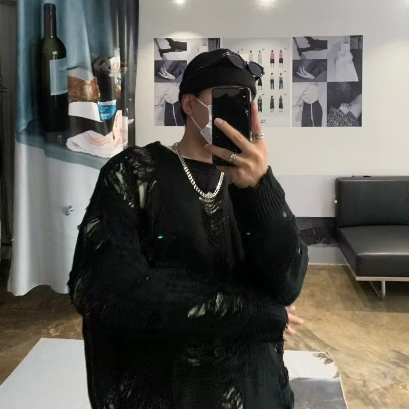 欧美高街假两件oversize破洞毛衣男女秋冬季慵懒风镂空设计针织衫