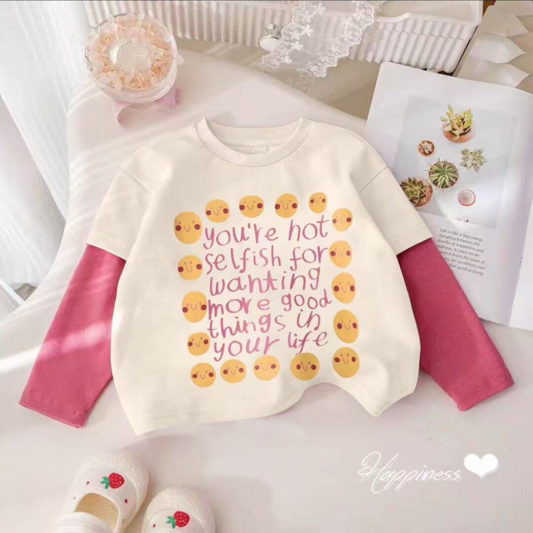 纯棉女童假两件长袖T恤春秋爆款新款卡通拼接打底衫秋装薄款上衣