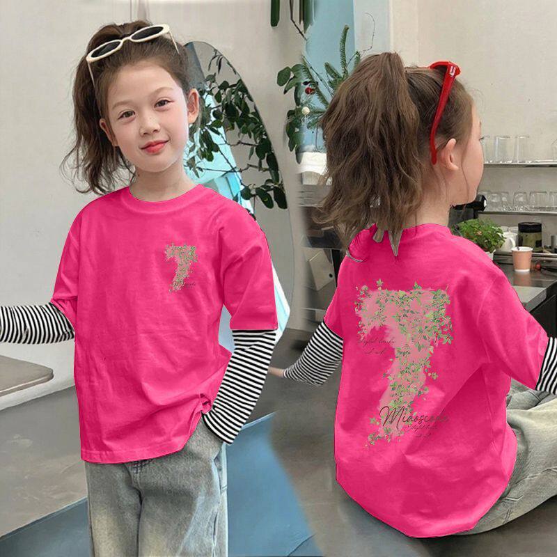 女童春秋装2025新款洋气儿童纯棉长袖t恤薄款宝宝假两件春秋上衣