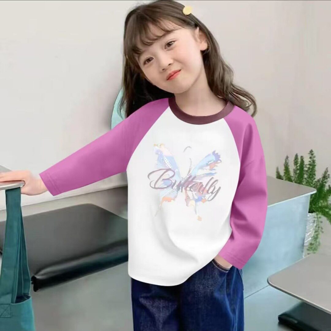 纯棉中大女童长袖t恤韩版插肩袖春秋装新款宝宝洋气上衣潮