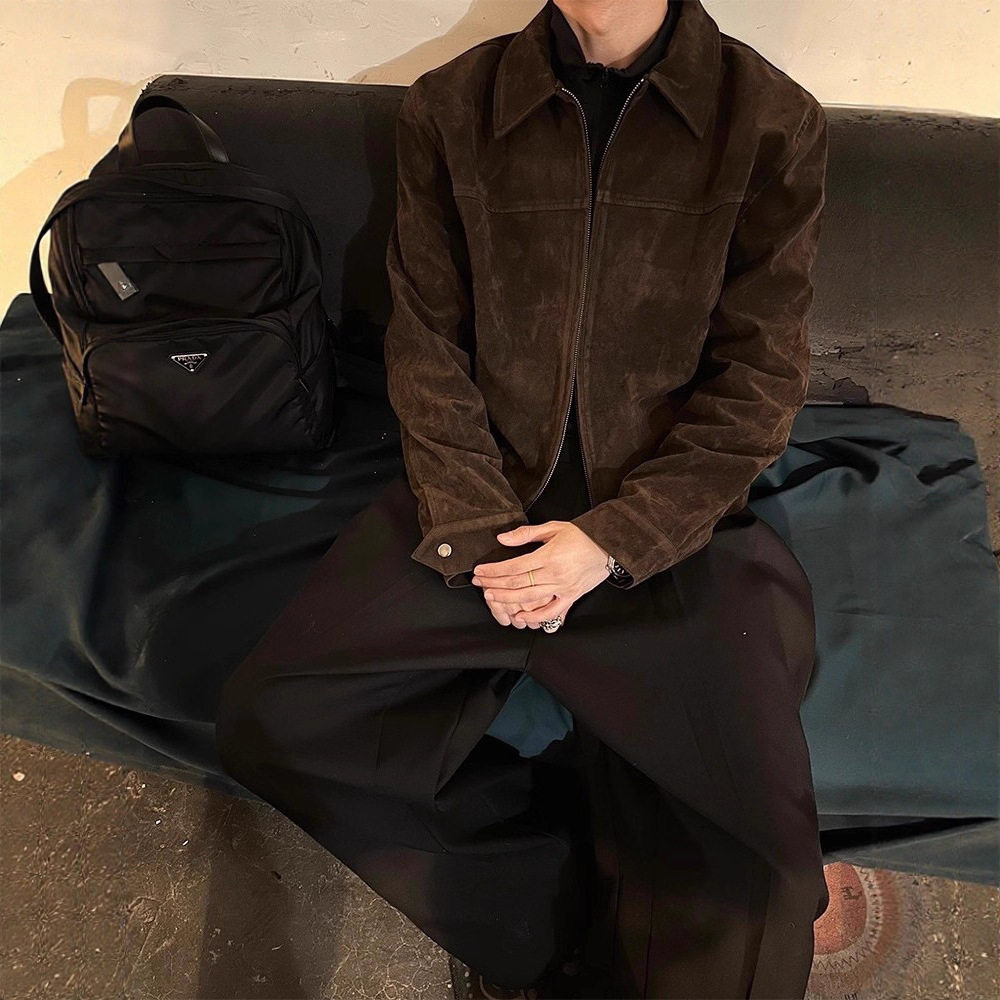巴恩风深咖色鹿皮绒夹克男款秋冬季复古翻领宽松休闲百搭正肩外套
