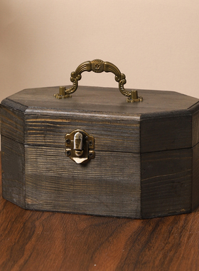 复古灰色木质精致首饰桌面收纳盒八角形带扣翻盖手提储物整理木盒