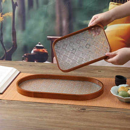 长方形收纳杯子茶盘海棠压花玻璃家用客厅甜品点心盘水果托盘木质