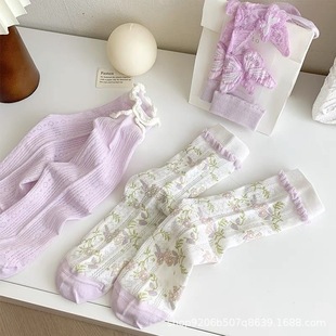 紫色蝴蝶小花薄款 夏季 棉卡丝女袜百搭森系ins女中筒袜子 3双装
