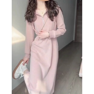 粉色连帽长袖连衣裙子女装2025新款早初秋季卫衣长裙大方得体绝美