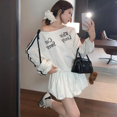 甜美花苞裙斜肩蝴蝶结连衣裙女秋