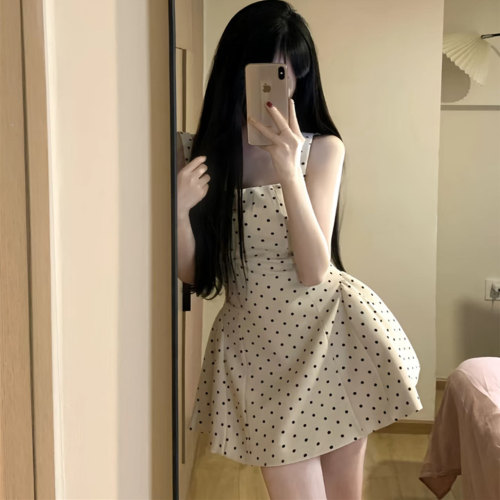 法式白色波点吊带连衣裙miu系女