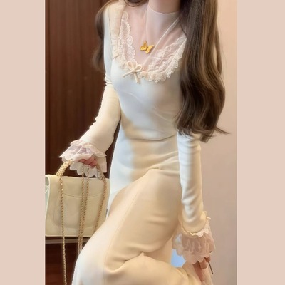 高级感法式白色针织长袖连衣裙女