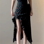 黑色碎花半身长裙女夏季 不规则荷叶边韩系复古a字包臀开叉裙 新款