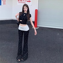 蝴蝶结镂空辣妹风短袖T恤女夏季套装撞色高腰微喇叭休闲裤两件套