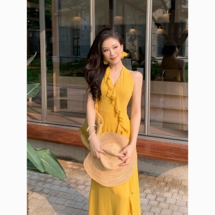 JIJINQI夏季v领露肩挂脖连衣裙收腰荷叶边气质修身显瘦小众女长裙