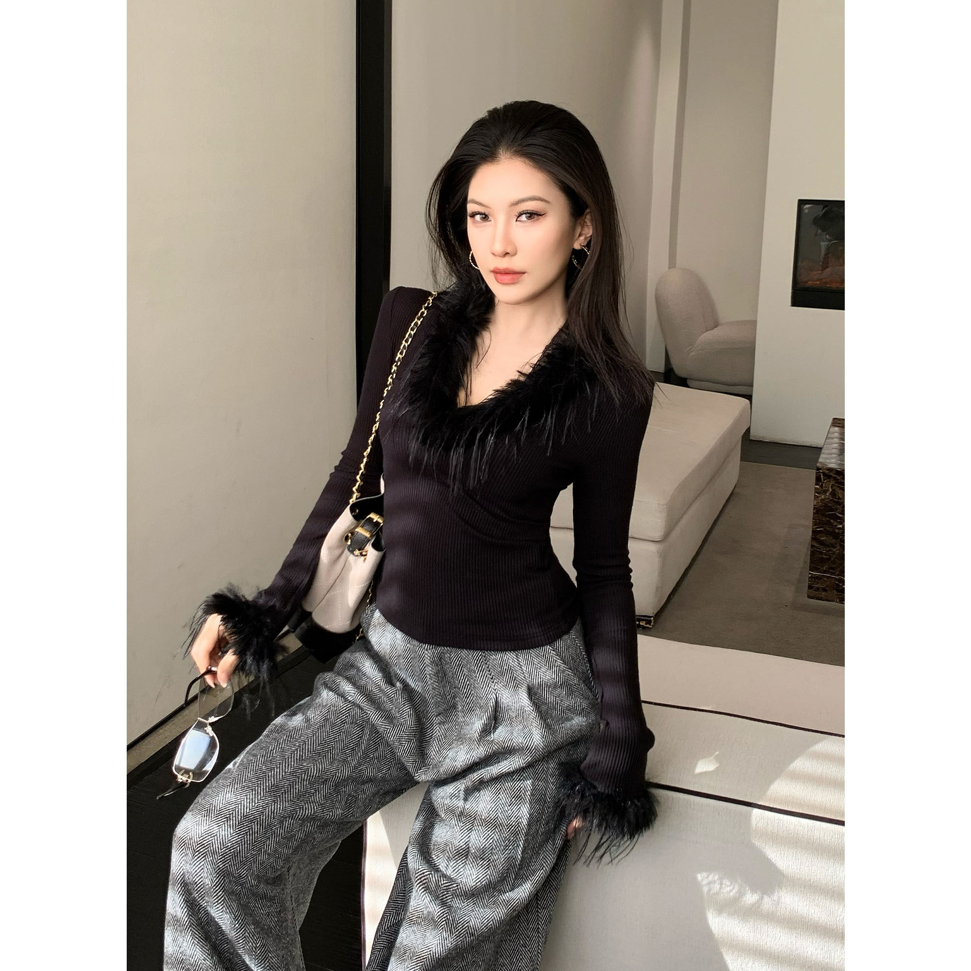 JIJINQI千金风毛领修身长袖上衣