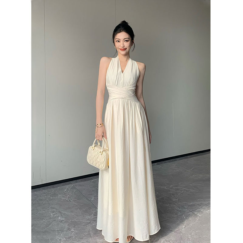 JIJINQI纯色连衣裙女夏时尚轻奢百搭时髦收腰名媛风法式无袖长裙