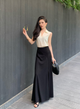 JIJINQI夏季显瘦通勤开叉半身裙显瘦长款黑色极简设计感休闲半裙
