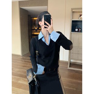 JIJINQI秋冬长袖拼接v领翻领上衣假两件显瘦时尚气质打底毛织单穿