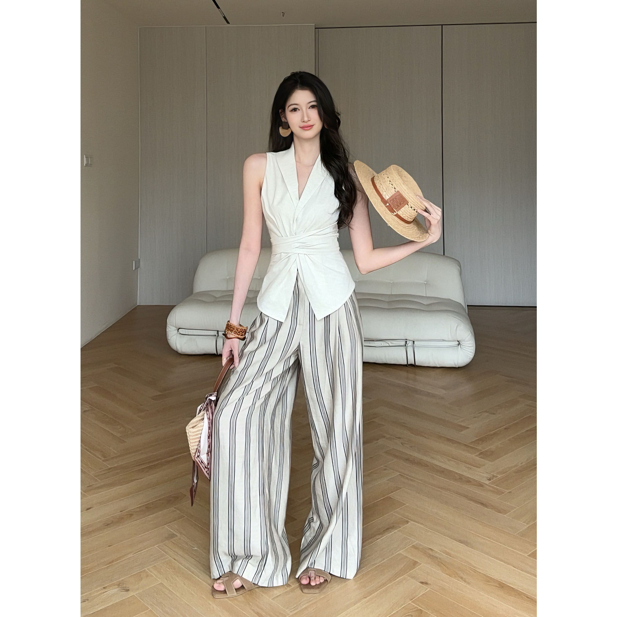 纪金其夏季百搭显瘦条纹裤休闲裤韩版高腰显瘦宽松拖地阔腿直筒裤,女装/女士精品,休闲裤,淘宝优惠券,粉丝福利购,淘宝优惠卷