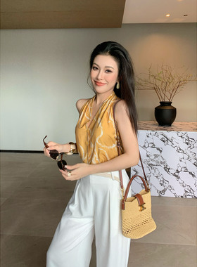 JIJINQI夏季v领无袖挂脖上衣百搭度假风条纹显瘦气质休闲时尚上衣