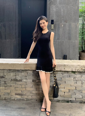 JIJINQI夏季圆领无袖露肩连衣裙黑色显瘦收腰法式休闲时尚短裙女