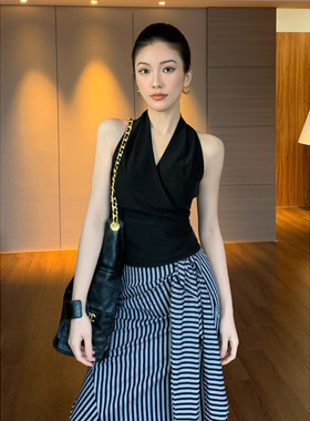 JIJINQI挂脖背心上衣女夏季设计感无袖绝美吊带背心小衫小香风潮