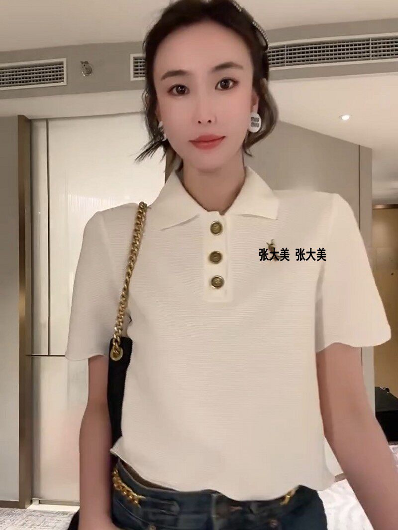 网红款polo领短袖t恤女夏季2023新款设计感修身显瘦气质减龄衫潮t