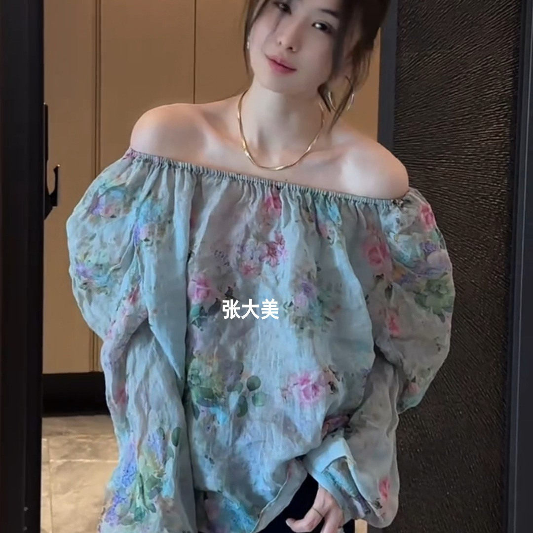 早秋新款时尚百搭洋气法式一字肩碎花长袖衬衫女上衣不撞款小衫潮
