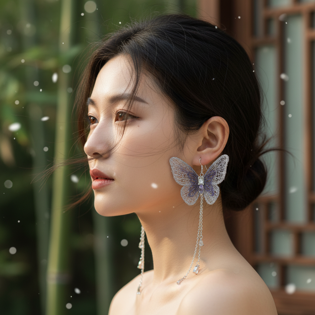 新中式刺绣蝴蝶流苏耳环显脸小