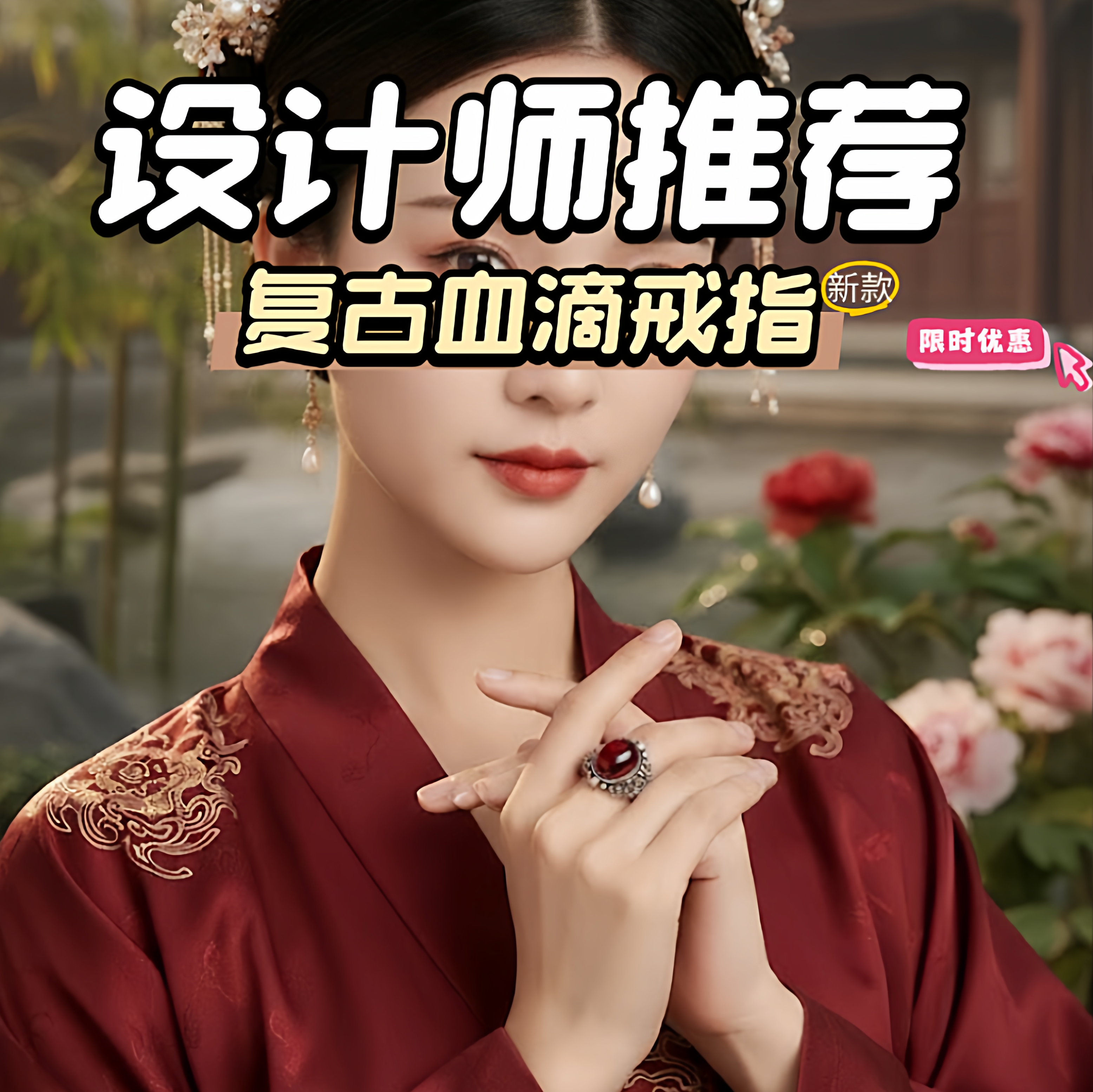 血滴血珀戒指复古文艺女款 925银镶可调节琥珀指环手饰小众高级感