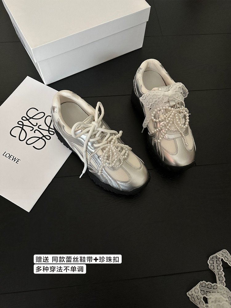 银色德训鞋女款内增高蕾丝珍珠春夏小个子网面休闲运动阿甘小银鞋
