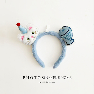 蓝色毛绒小猫咪小鱼发箍女可爱卡通搞怪发卡成人儿童拍照演出头饰