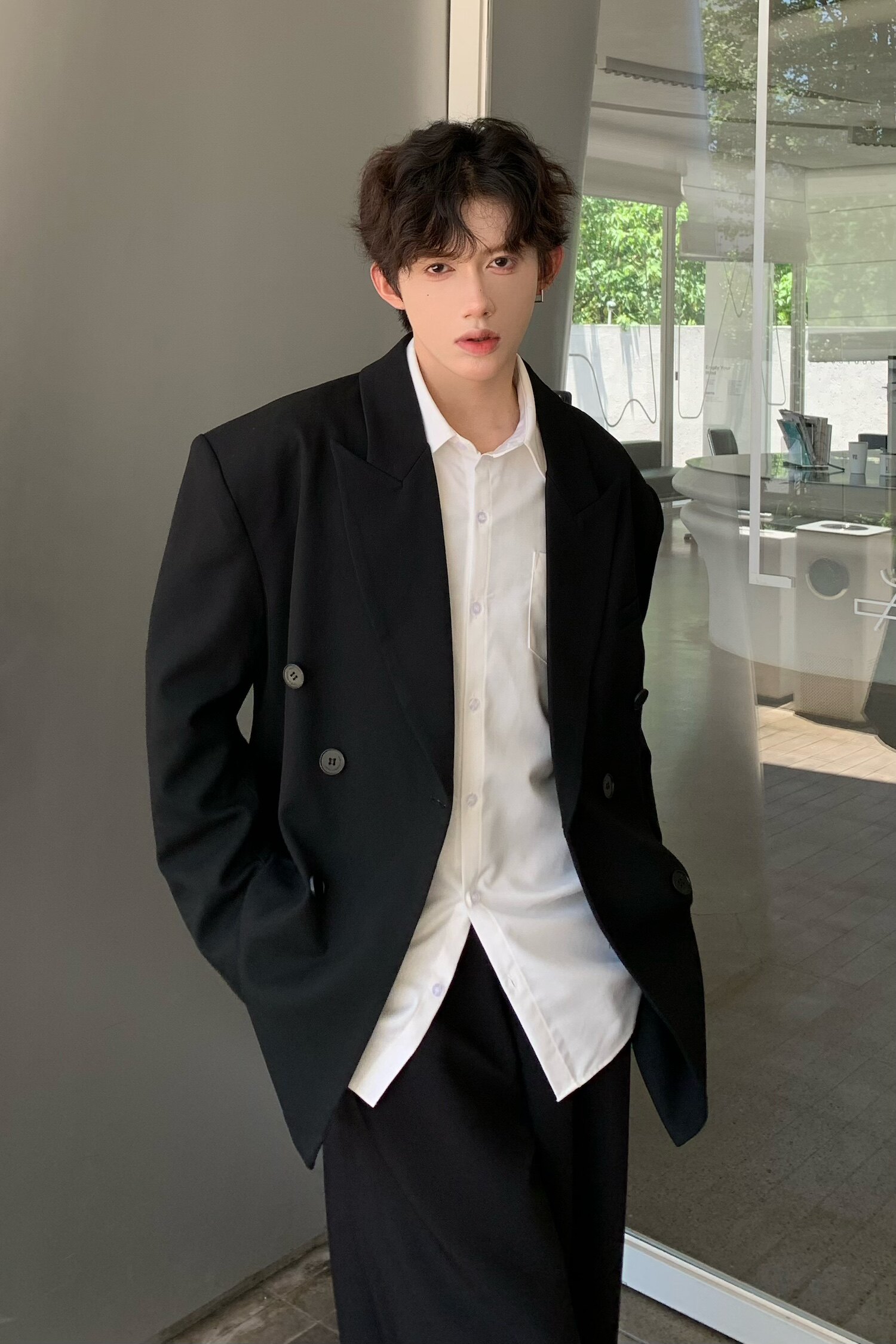 C316XZ1220P98秋冬新款黑色双排扣时尚西服黑色宽松百搭松弛感,男装西服,电商C316
